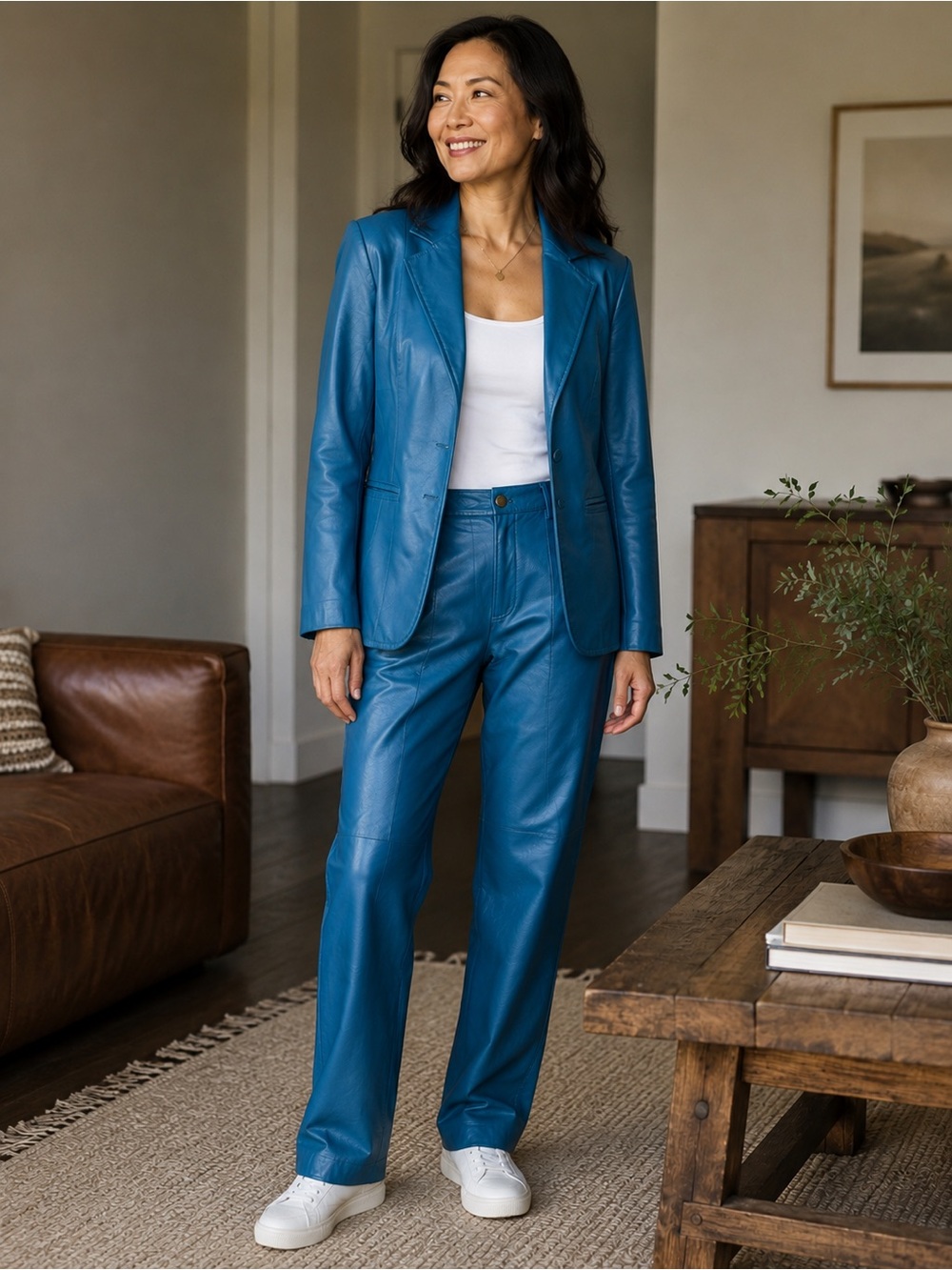 Metro Style Vintage Teal Blue 100% Leather Pants Suit Set Size 10/8 Rare